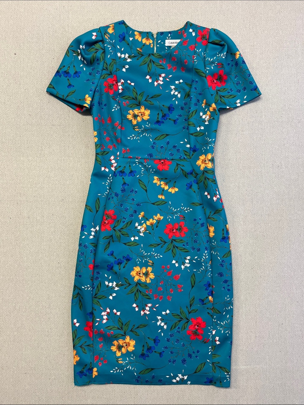 Calvin Klein Floral Sheath Dress Size 6 Teal Blue Puff Sleeve Midi